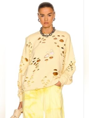 R13 Super Distressed Oversized Crewneck Sweatshirt In Washed Yellow XS Org $450
